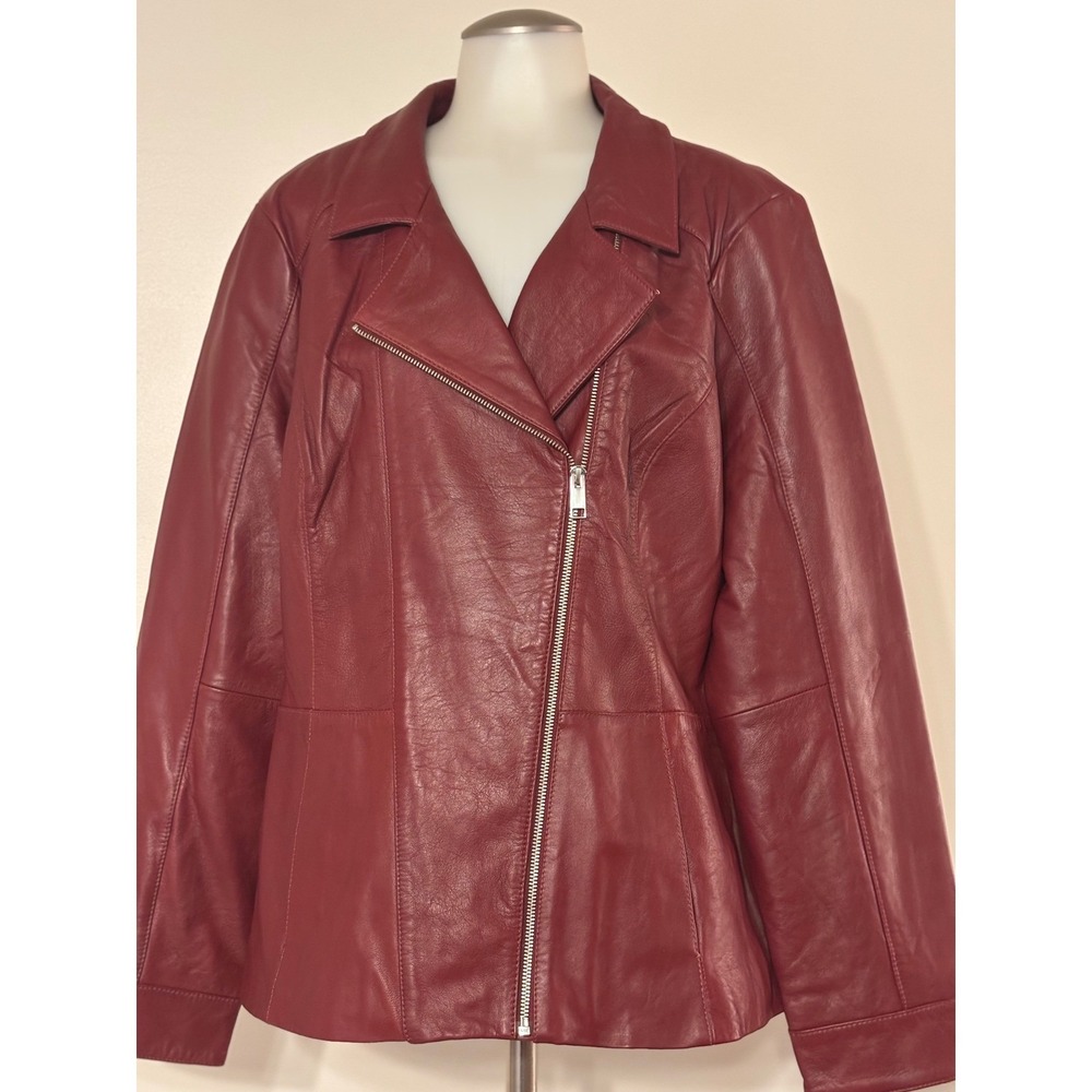 Denim Company Burgundy Leather Moto Jacket Womens XL Asymmetrical Zip Lined